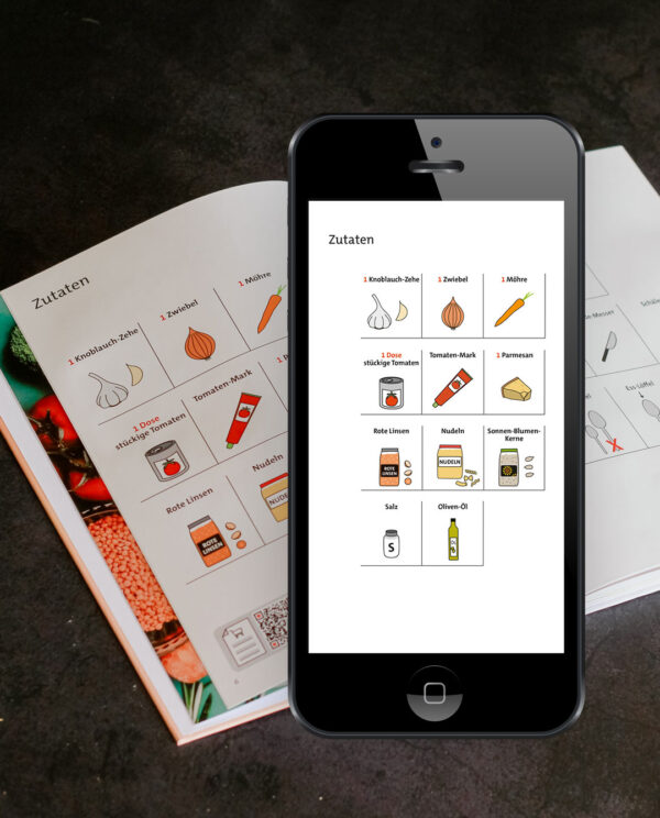Einkaufsliste im Kochbuch in Leichter Sprache auf dem Handy