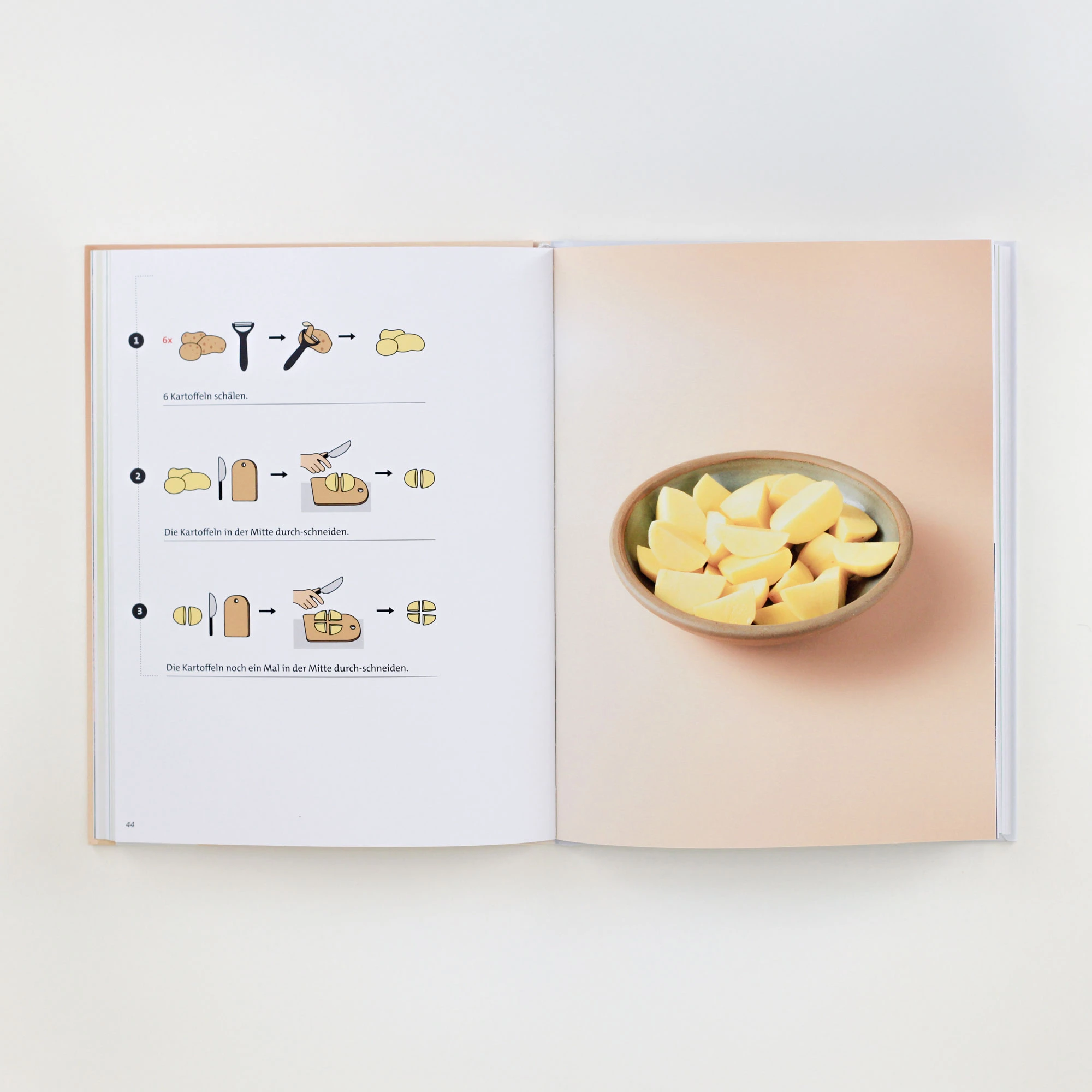 Rezept für Spiegelei mit Kartoffeln liegt auf einem grauen Hintergrund, auf der rechten Seite ist ein Foto von Kartoffeln in einer Schale zu sehen