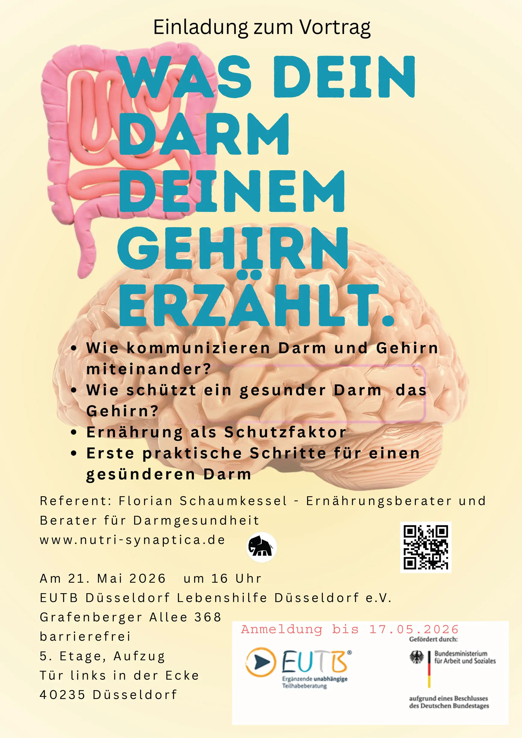 Lebenshilfe Düsseldorf x Nutri Synaptica Flyer: Was dein Darm deinem Gehirn erzählt Flyer